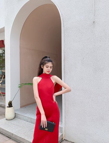 DOLLY Luxury Halter Neck Sleeveless Backless Big Bow Dinner Dress-PELA