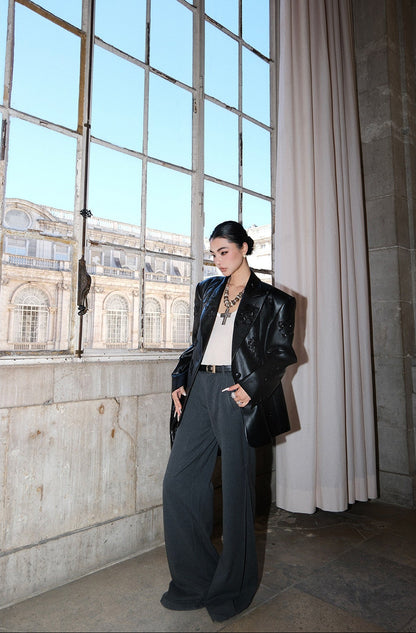 MEI SANGUAN black nail beaded embroidered leather jacket blazer -