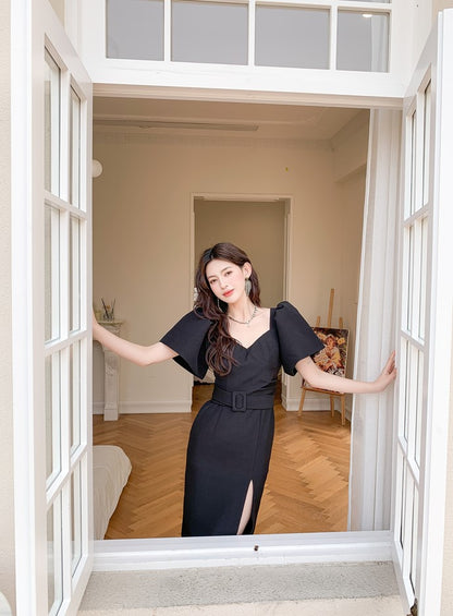 DOLLY Luxury Black Retro V-Neck Short Puff Sleeve Midi Luncheon Dress-SUSU