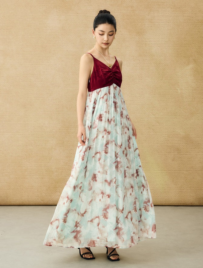 HECO Chinese V-neck camisole chiffon print long dress - BUSE.