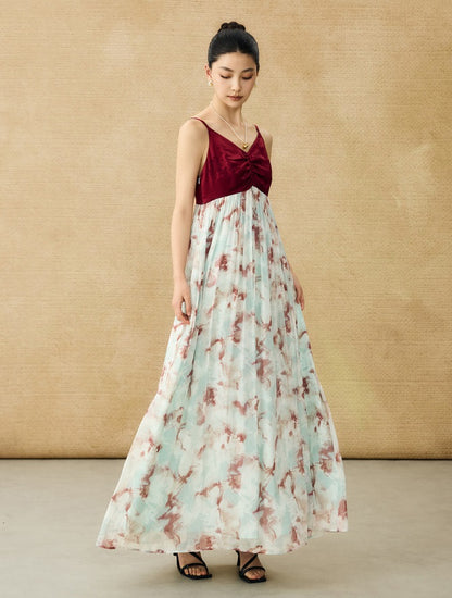 HECO Chinese V-neck camisole chiffon print long dress - BUSE.