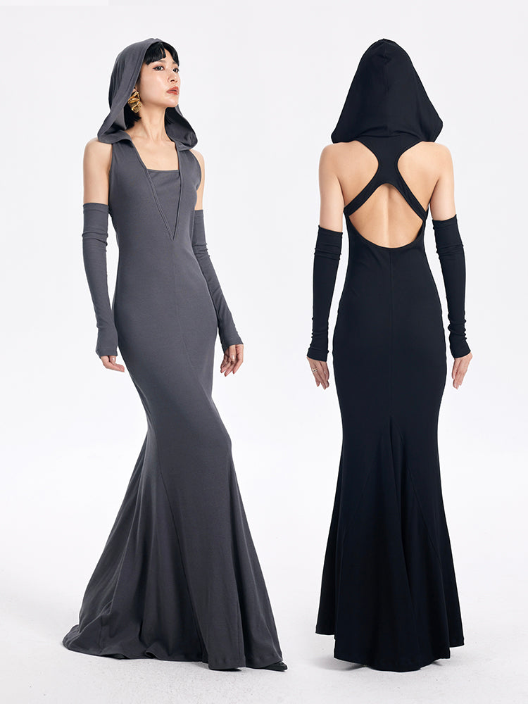 TINY IN sexy hooded backless two-tone fishtail women's dress -ROT