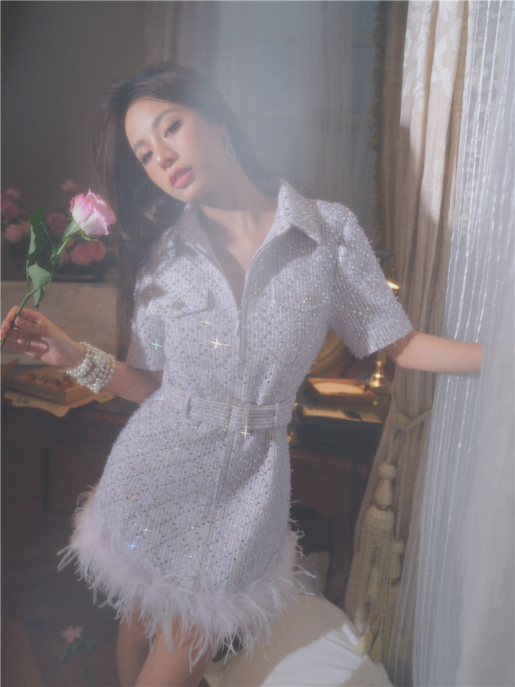 Wardrobes by Chen Elegant Purple Polo Collar Short Sleeve Feather Dress- Boa