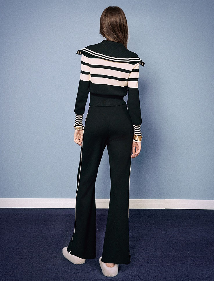CHICHY Knitted Two-Piece Black Striped Knitted Cardigan Casual Pants-IFE