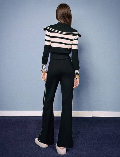 CHICHY Knitted Two-Piece Black Striped Knitted Cardigan Casual Pants-IFE