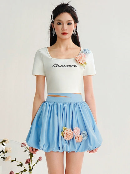 CHECOCRE Handmade Three-dimensional Flower Short Sleeve T-shirt and Skirt - BRAD