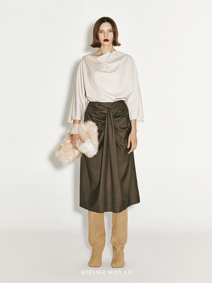 ATELIER MISS LU Fall/Winter shirred tailoring design sheep wool skirt - BEATRIX
