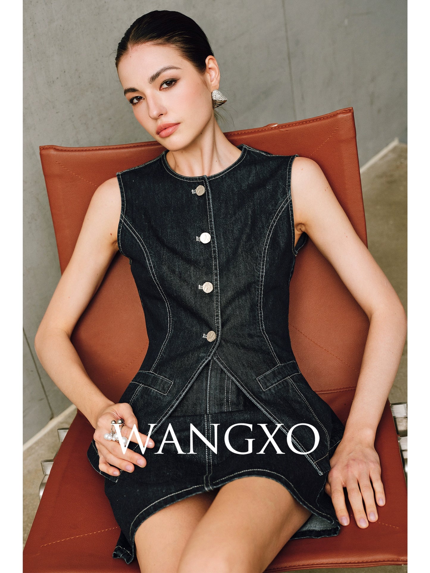 WANGXO | Denim with High-Quality Cotton Blend Waist Contrast Line Denim Vest & Skirt Set -ZIVA