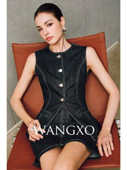 WANGXO | Denim with High-Quality Cotton Blend Waist Contrast Line Denim Vest & Skirt Set -ZIVA