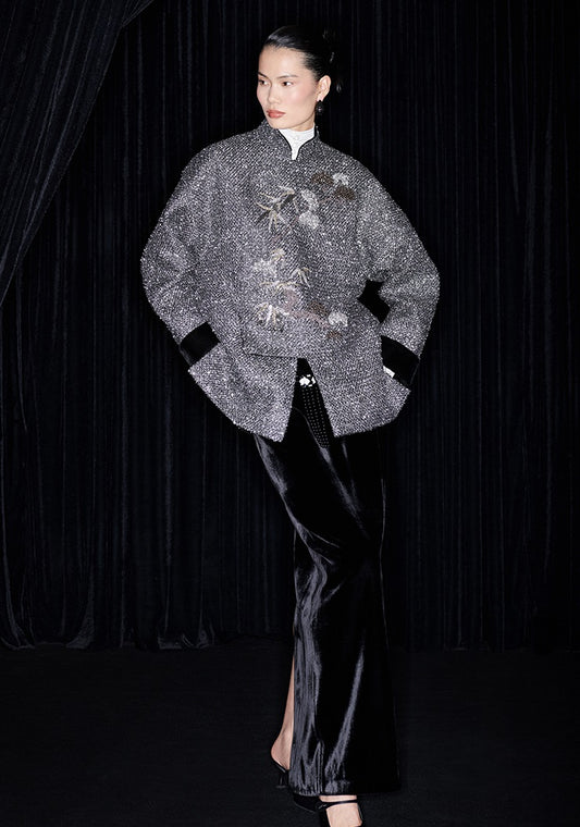 M essential Mackay designer cedar beaded jacket  elegant black velvet skirt- abel.