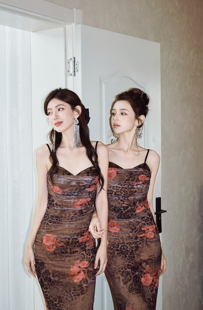 DOLLY High End Retro Printed Lace Stitch Pleated Slim Fit Sexy Party Dress-ELECTRA