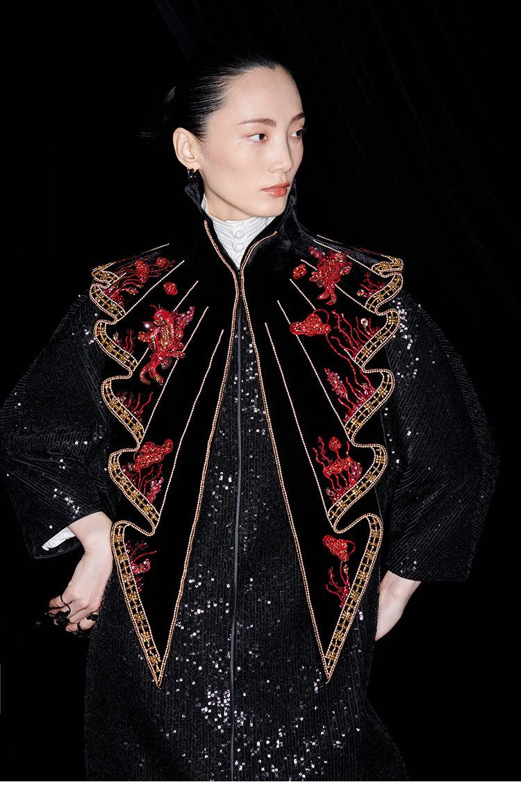 M essential Mackay designer  silk velvet two-dimensional fish algae curtain beaded collar - BEAUTY.