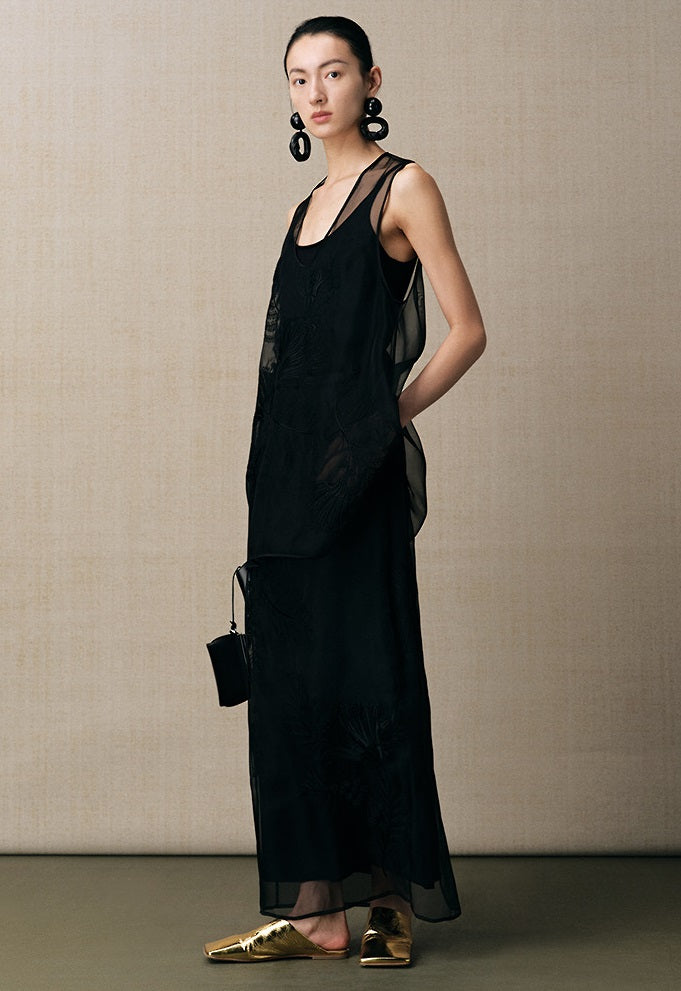 ZHUCHONGYUN organza curved lined silk straight skirt-FAB.