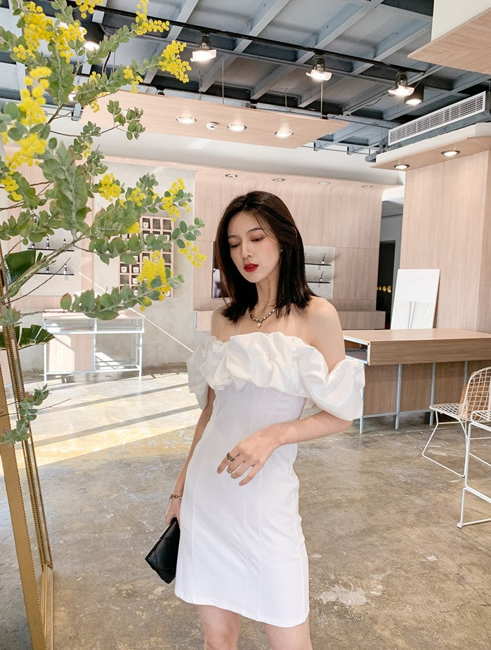 DOLLY Elegant Short Sleeve Ruffle Off Shoulder Chest Wrap Short Party Dress-LIZA