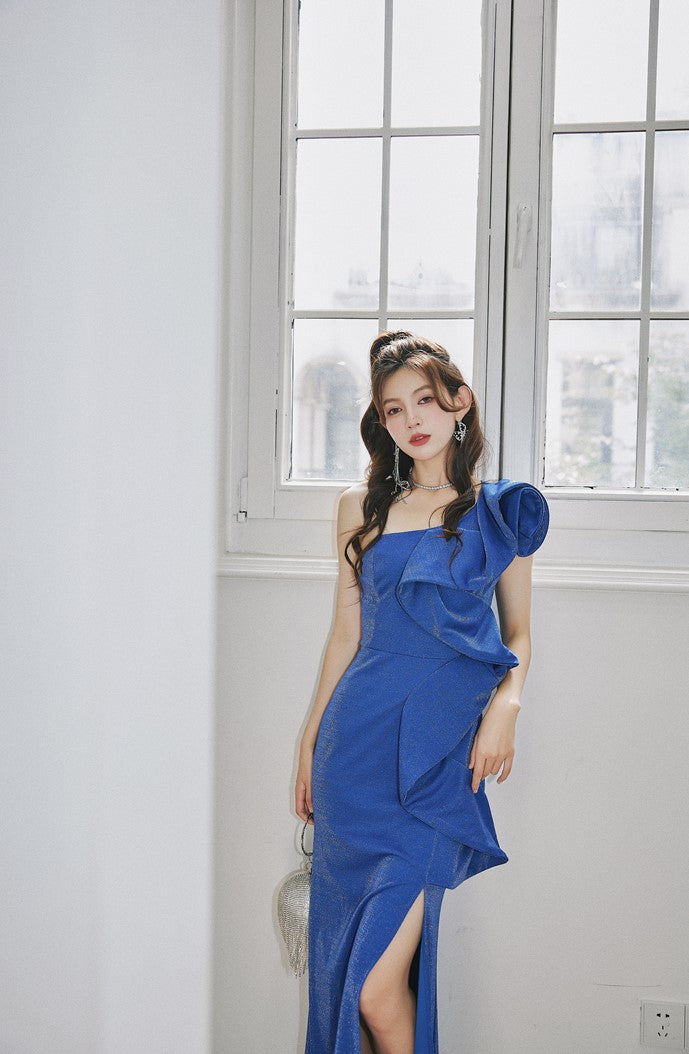 DOLLY Elegant Blue Retro Style Ruffled Off Shoulder Long Slim Fit Slit Dinner Dress-CHITA