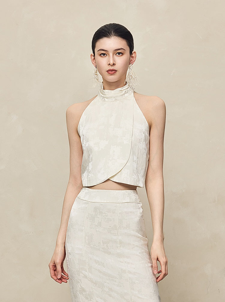 HECO Jacquard Cross Slit Pile Collar Red White Purple Crop Top Women - WORSHIP