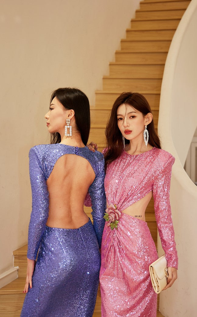 DOLLY Elegant Crew Neck Long Sleeve Slim Fit Sequin Long Evening Dress-IIANA