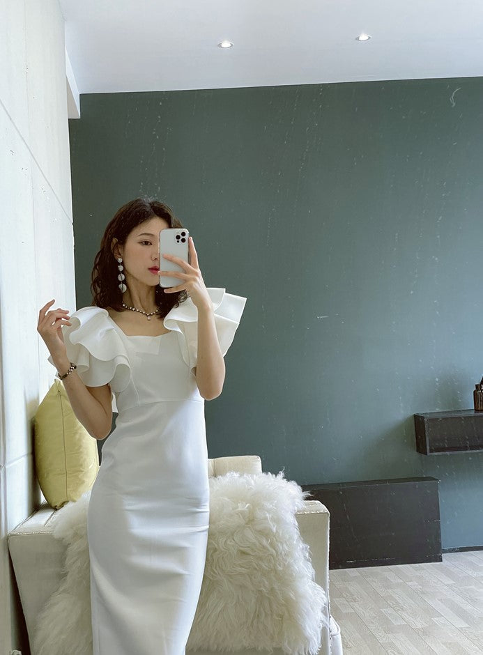 DOLLY Elegant Square Collar Ruffle Short Sleeves Slim Fit Midi Office Dress-HELEN