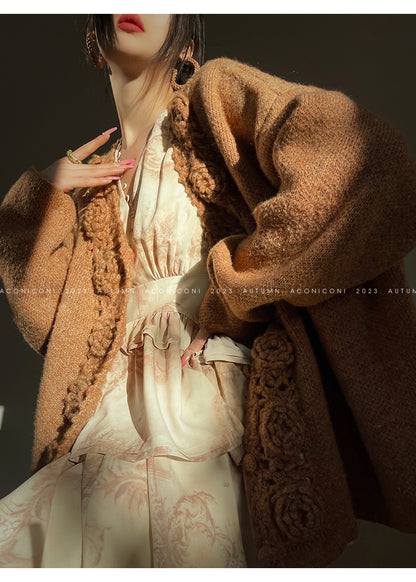 Aconiconi Luxury Loose V-Neck Long Sleeve Crochet Sweater - Camellia in the Fields