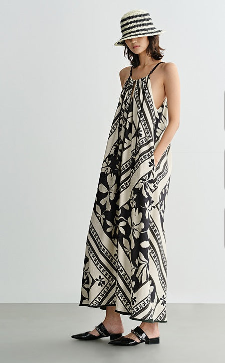 COMME MOI Lu Yan designer's black and white printed shirred dress - OAKLEY.