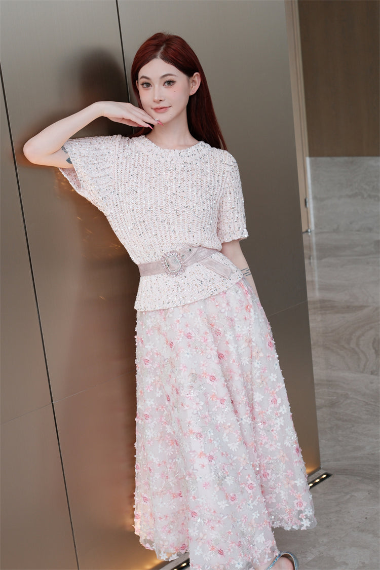 Wardrobes by Chen Elegant Pink Sequin Embroidered Long midi Skirt - Jiaa
