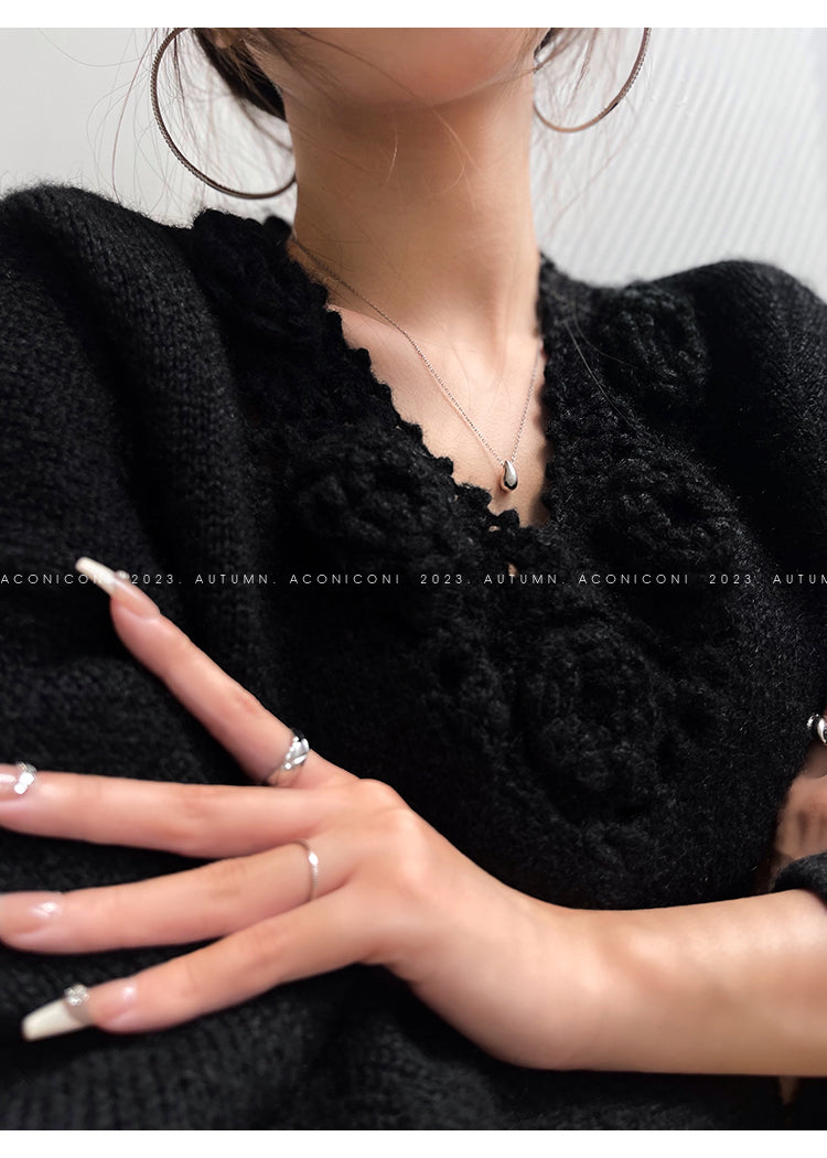 Aconiconi|Purple Flower Crochet openwork long cropped loose wool knit sweater  dress - Twilight