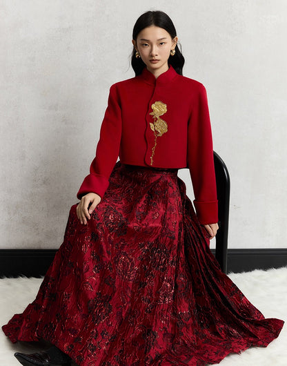 HECO 100% wool Embroidery Red black Short Double-Sided Tweed Jacket Women - out.