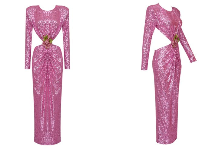 DOLLY Elegant Crew Neck Long Sleeve Slim Fit Sequin Long Evening Dress-IIANA