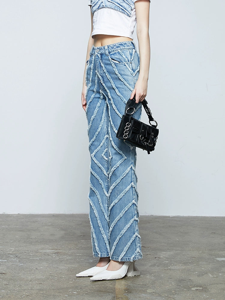 ANNAKIKI fractal shooting star raw edge denim bell bottoms-YAMEN.