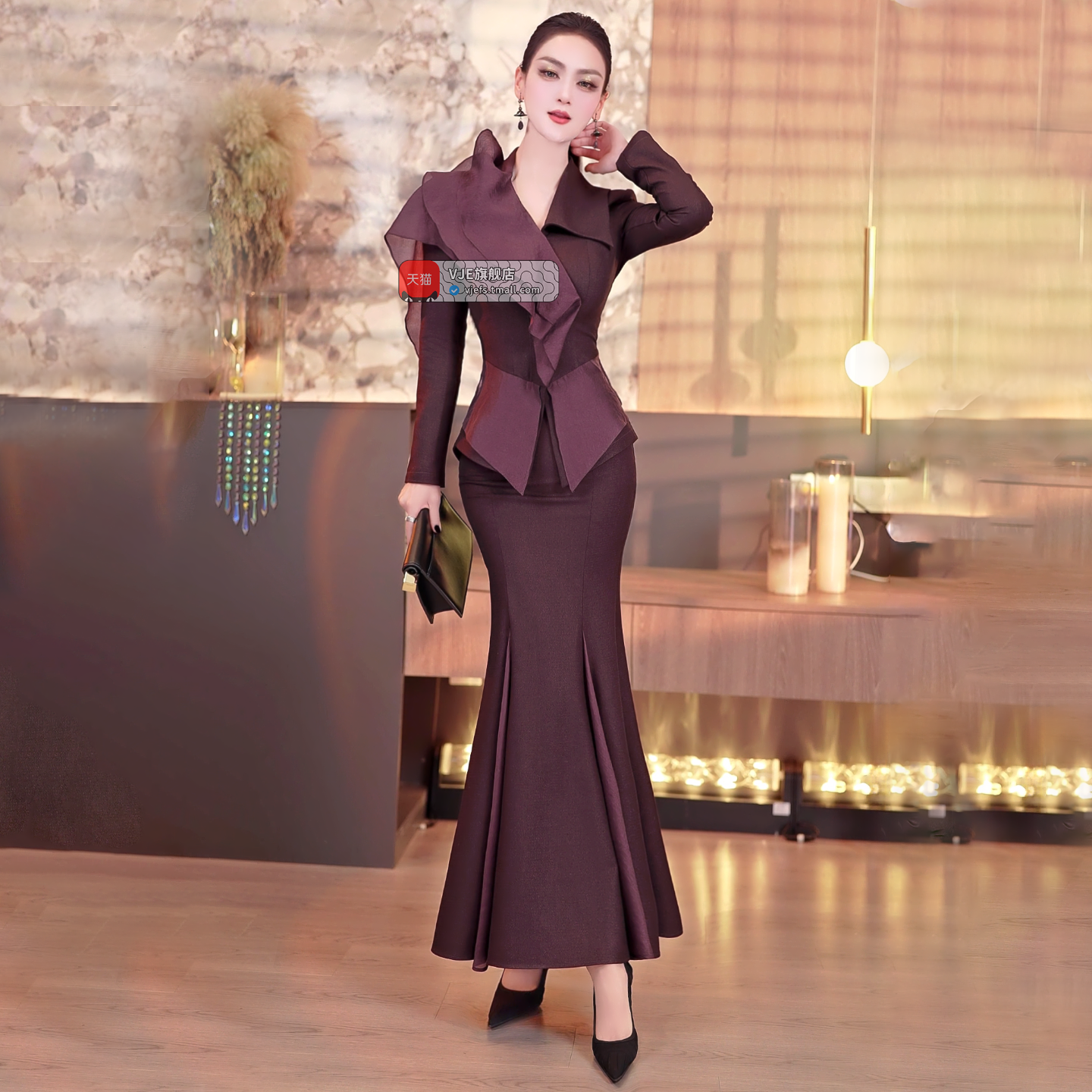 VJE  slim ruffled jacket mermaid skirt two-piece suit set- JOKY.