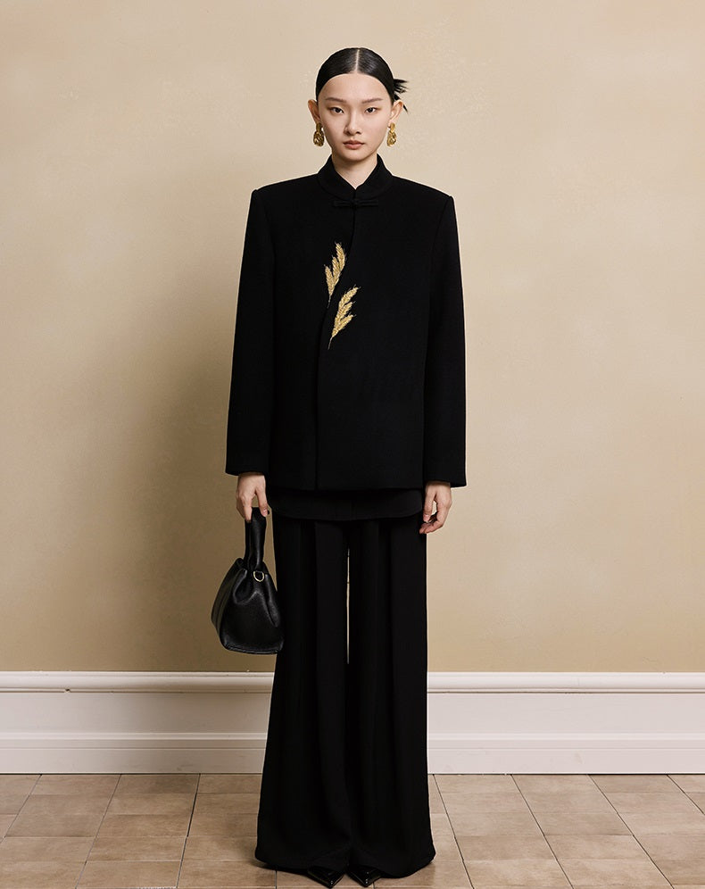 HECO New Wheat Ear Bead Embroidered Wool Tweed Jacket - care.