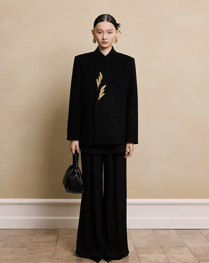 HECO New Wheat Ear Bead Embroidered Wool Tweed Jacket - care.