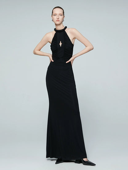 ANNAKIKI black four-pointed star hollow pleated halterneck dress-GICHII