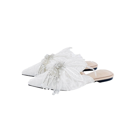 B-FEI white feather flower rhinestone flat mules-ARJO.