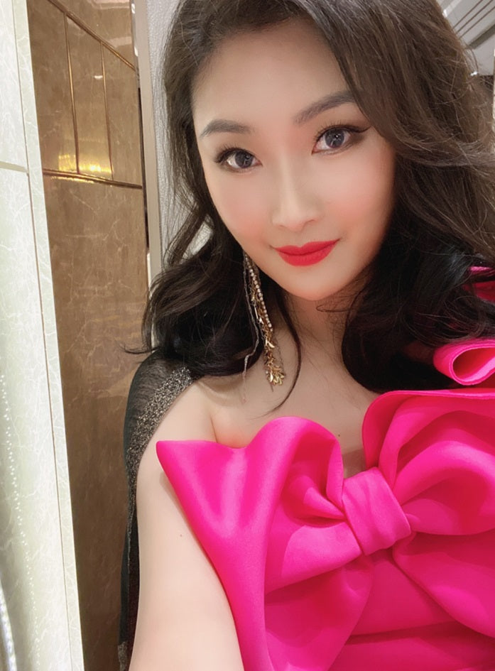 DOLLY Elegant French Style Pink Off Shoulder Big Bow Short Dinner Dress-JOMA