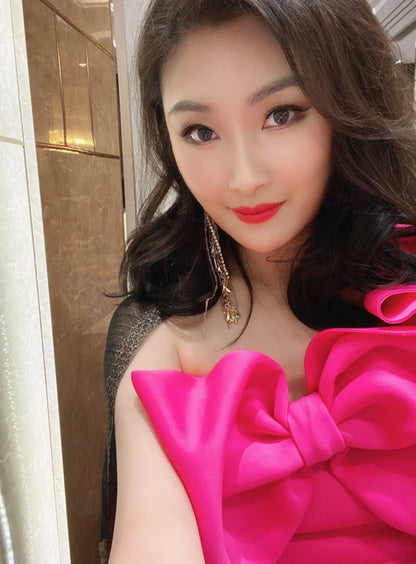 DOLLY Elegant French Style Pink Off Shoulder Big Bow Short Dinner Dress-JOMA