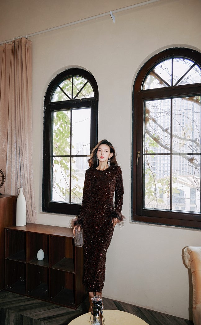 DOLLY Elegant Retro Style Crew Neck Long Sleeve Sequin Long Banquet Dress-TANIA