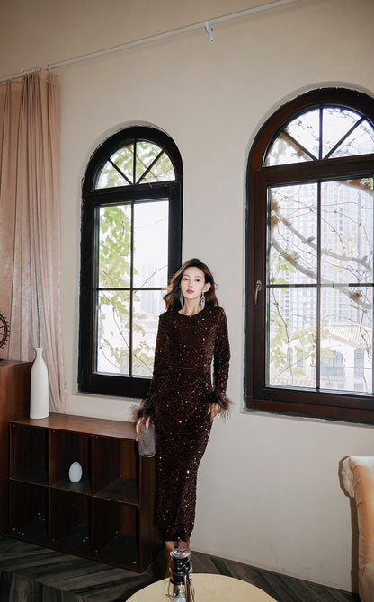 DOLLY Elegant Retro Style Crew Neck Long Sleeve Sequin Long Banquet Dress-TANIA