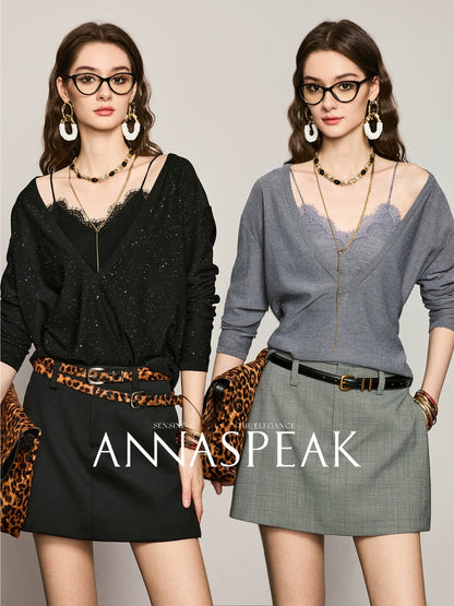 ANNASPEAK wool bead piece V-neck knit-SACE.
