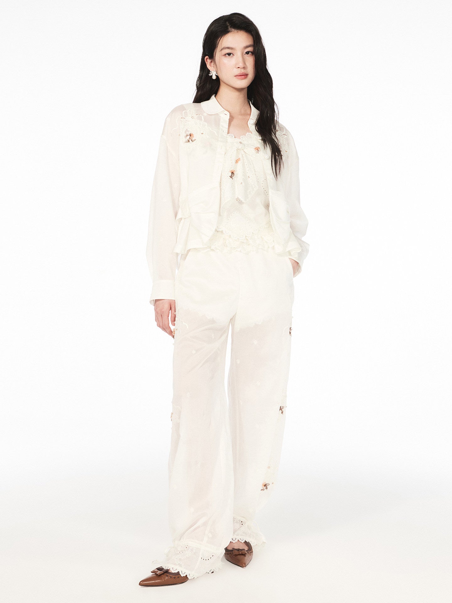 FAME embroidered beaded long-sleeved shirt - GOLDY