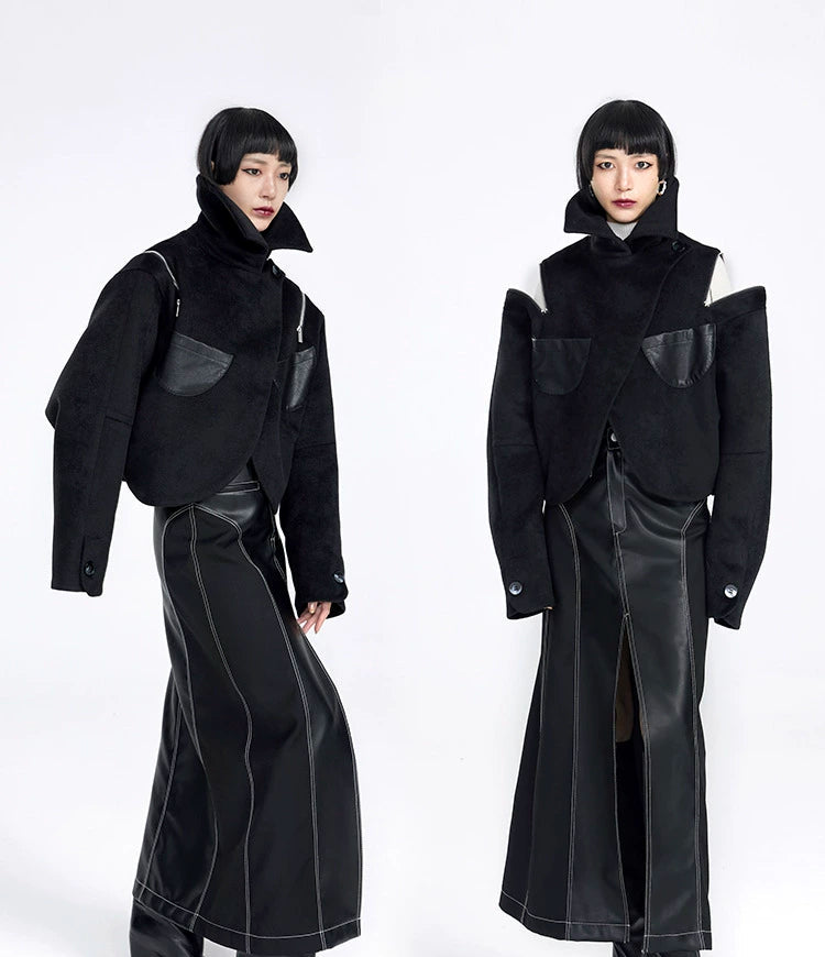 TINY IN women's black shoulder zipper cropped wool jacket- LOU