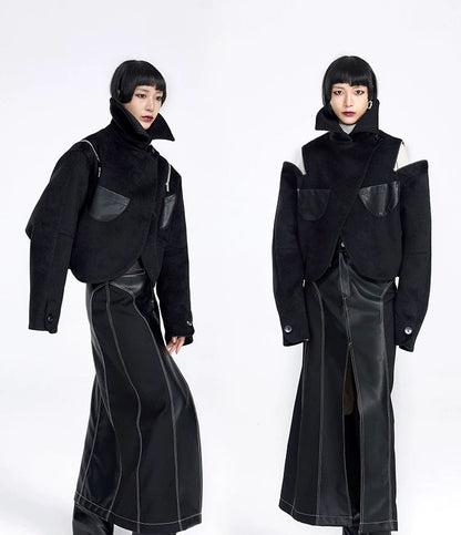 TINY IN women's black shoulder zipper cropped wool jacket- LOU