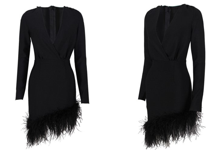 DOLLY Elegant Red/Black Deep V-Neck Long Sleeve Short Feather Date Dress-ARABELLA