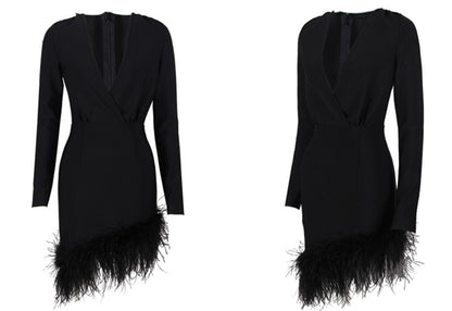 DOLLY Elegant Red/Black Deep V-Neck Long Sleeve Short Feather Date Dress-ARABELLA