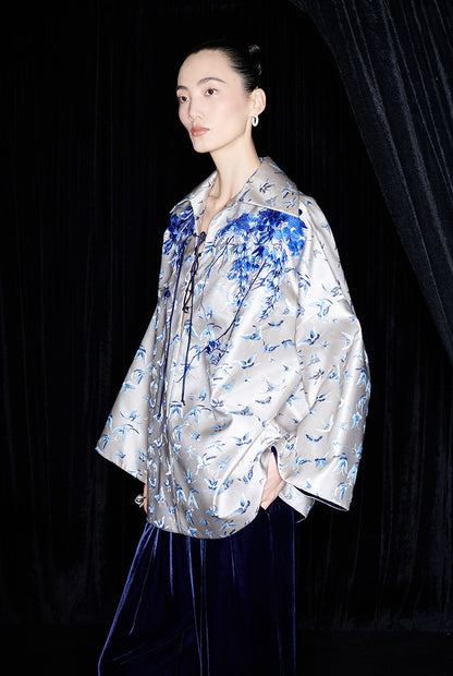 M essential Mackay designer butterfly jacquard blue vine butterfly embroidered top - WIND.