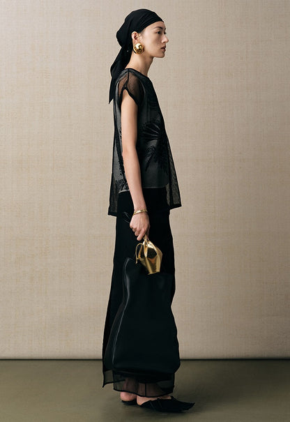 ZHUCHONGYUN organza curved lined silk straight skirt-FAB.