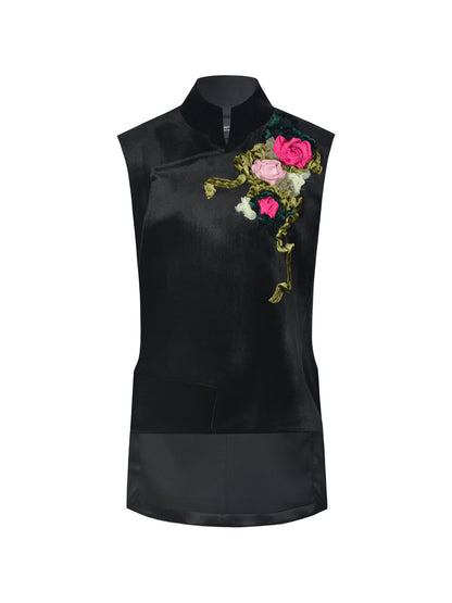 M ESSENTIAL Mackay designer brand handmade rose embroidered embellished velvet vest - GRANY