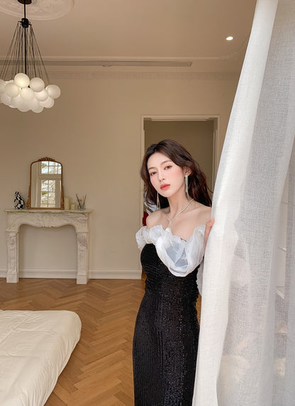 DOLLY Luxury Black Off Shoulder White Ruffle Chest Wrap Long Banquet Dress-NOLA