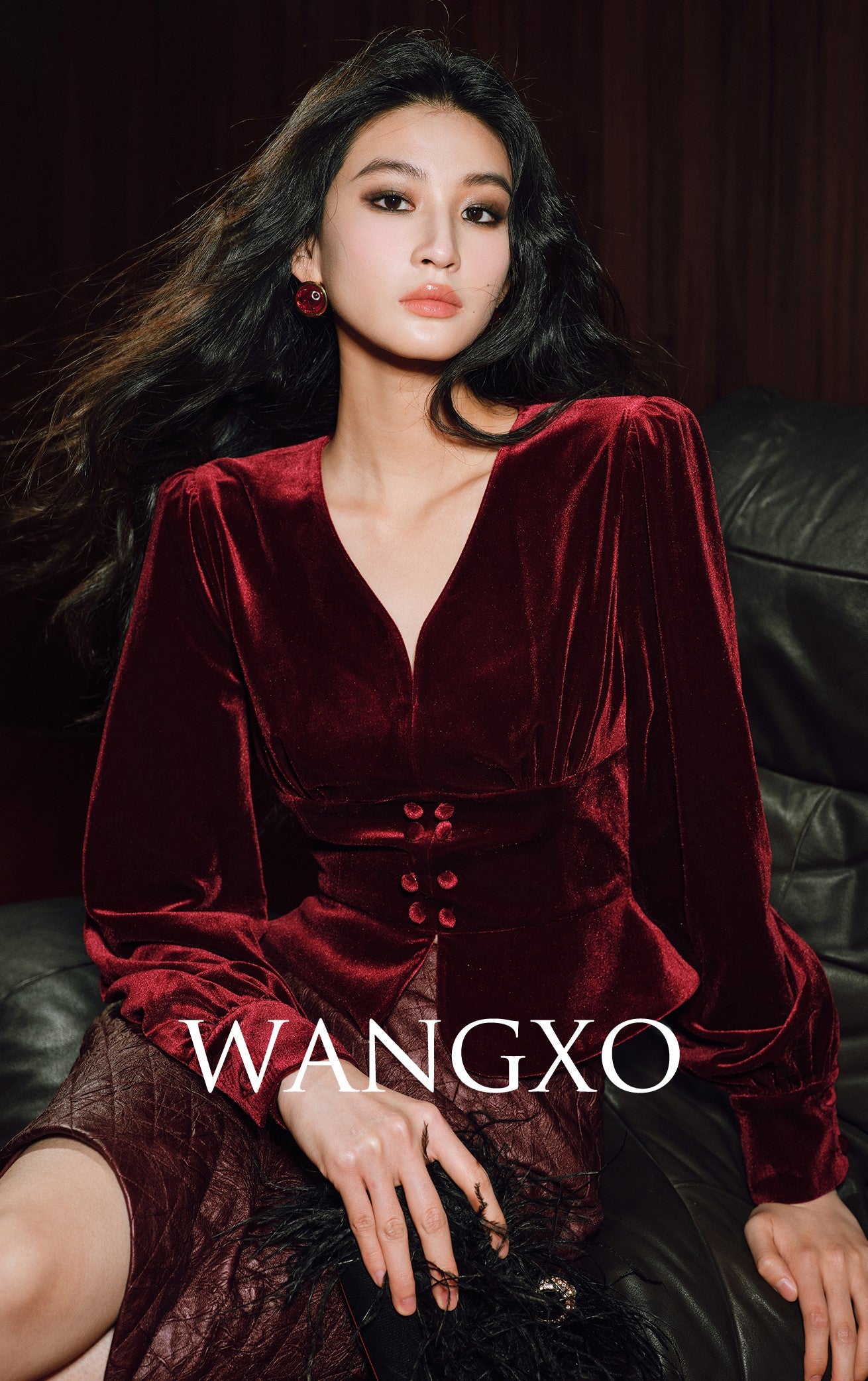 WANGXO | Light & Shadow Korean Velvet V-Neck Crop Top-LENA.
