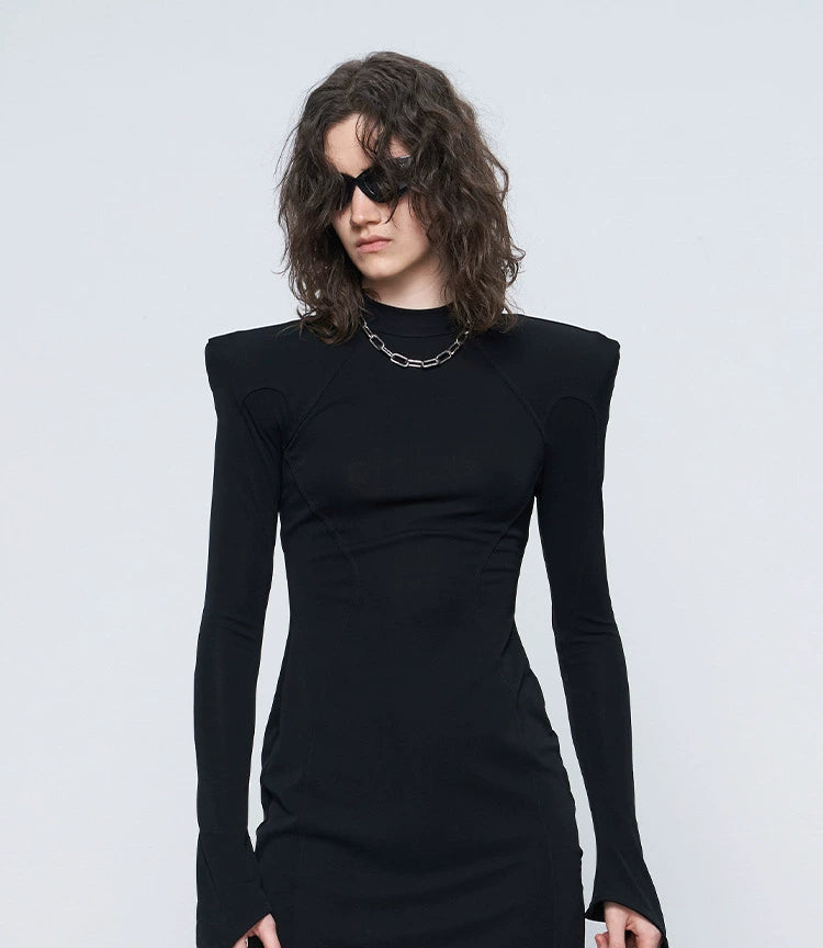 ANNAKIKI women's black acetate shoulder pads waist slim dress-ZEUS